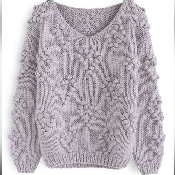 Chicwish Knit Your Love V-Neck Wool Heart Knit Sweater In Lavender